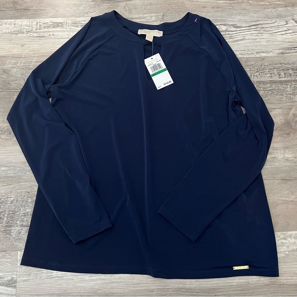 NWT - Michael Kors Navy Blue Keyhole Front Long Sleeve Top  Size Large
